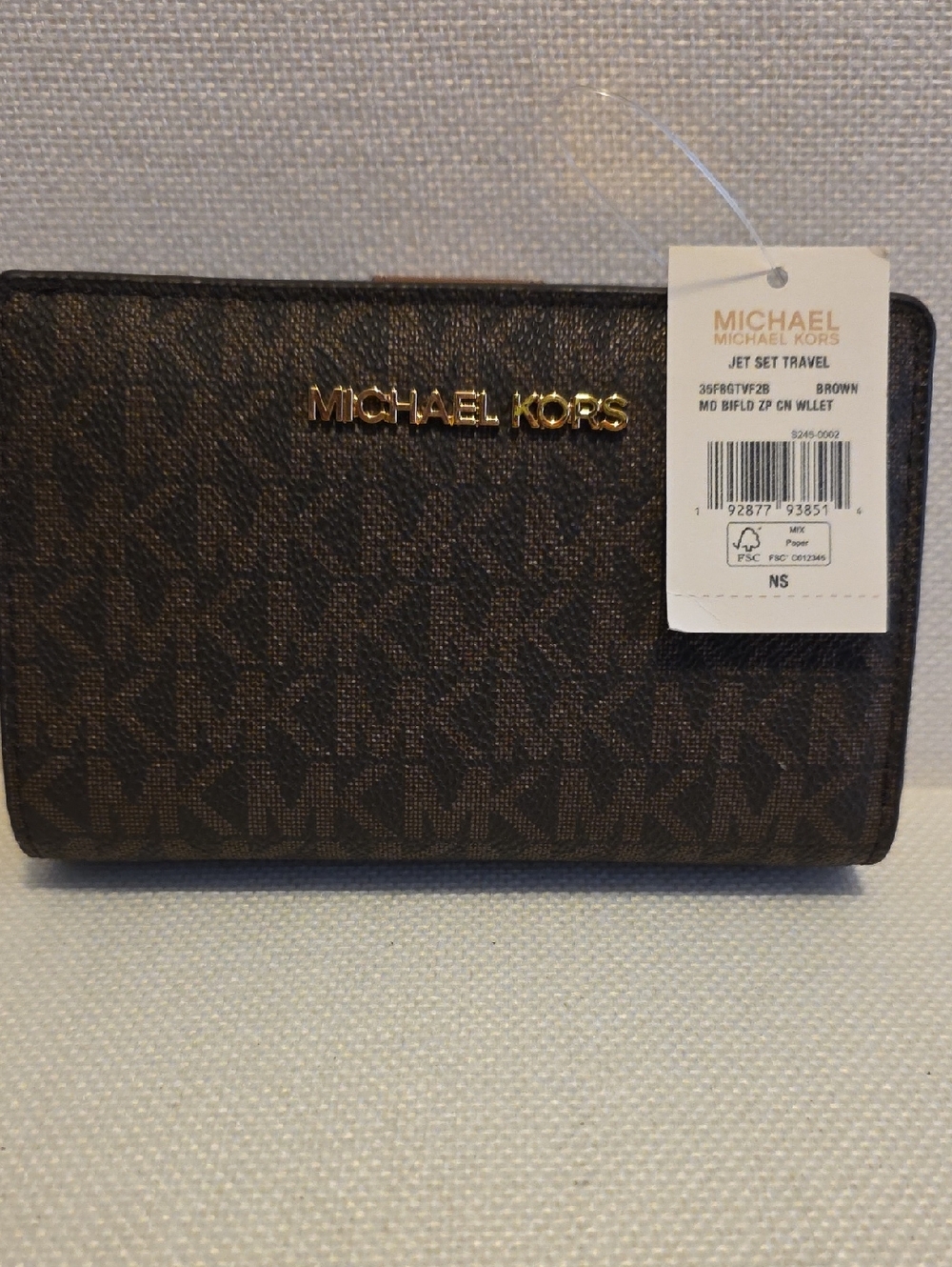 NWT Michael Kors Brown MK Logo Bifold Wallet with Gold Hardware